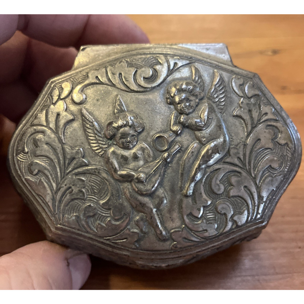 Vtg Ornate Silvertone Finish Musical Cherubs Angels Jewelry Box Rings Trinkets
